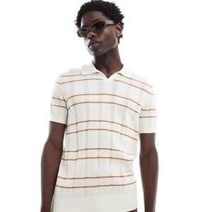 Men's White Striped Sweater Shirt Men’s Medium Open Collar